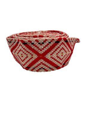 Handwoven Red & White Geometric Diamond Pattern Trim Vintage Textile 4 Yards